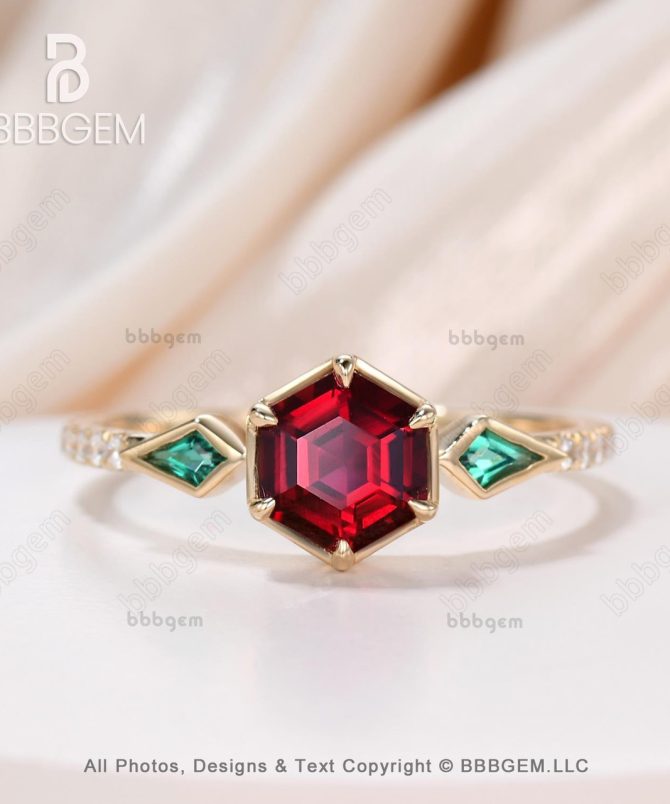 Unique Hexagon Garnet and Emerald Engagement RIng Bezel Set-Yellow Gold