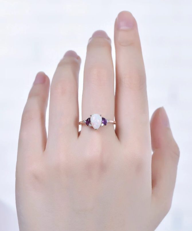 natural opal ring-Vintage Natural Australia Opal Ametyst Crystal Ring-October Birthstone Ring Opal-BBBGEM opal Jewelry