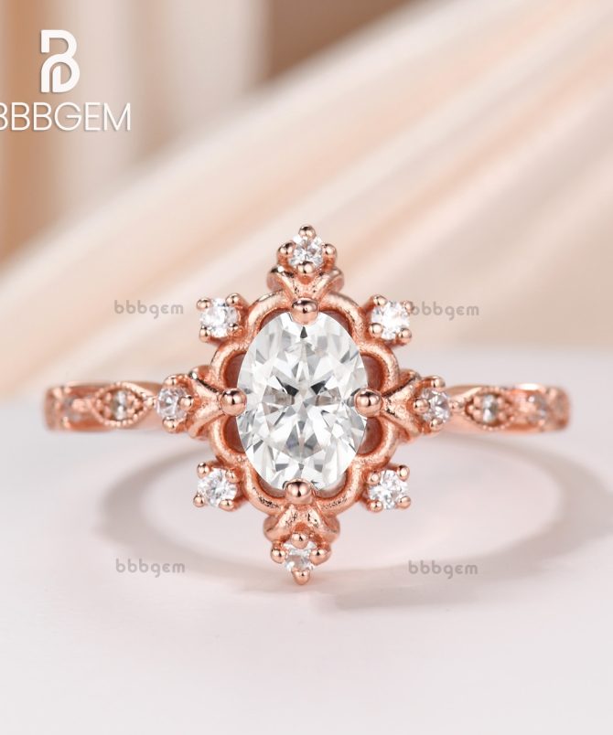 vintage oval moissanite engagement ring-rose gold retro moissanite wedding ring-BartUSgem oval moissanite silver ring