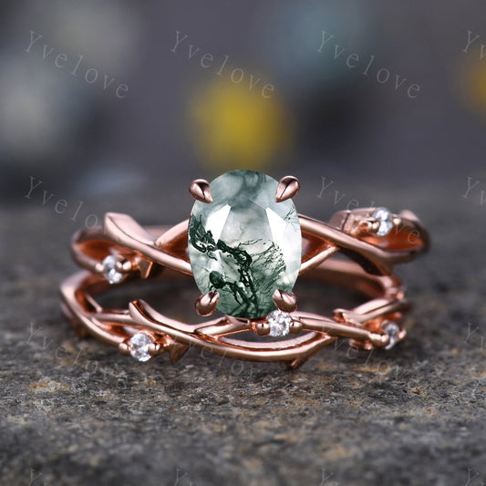 14K solid two tone gold moss agate ring 5mm dainty aquatic agate engagement  ring Twisted wedding ring women Unique crystal bridal ring gift