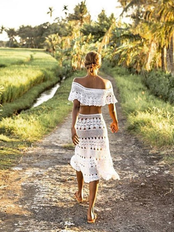 white crochet off the shoulder top