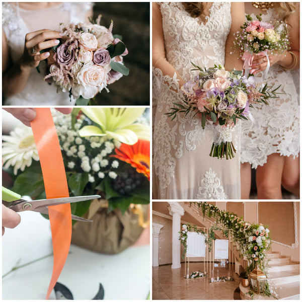 A collage or a grid of beautiful wedding flower arrangements from different florists