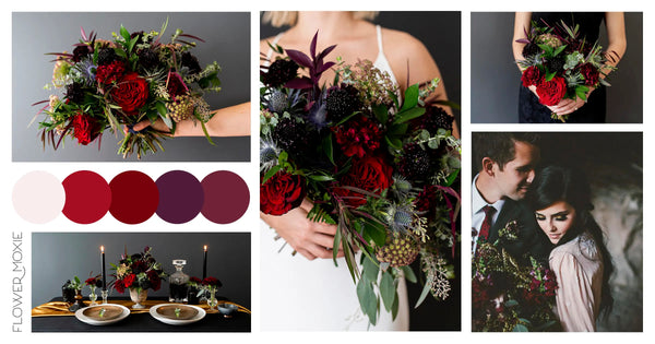 A mood board or a collage of various flower types, colours, and arrangements