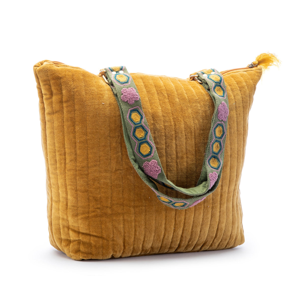 Embroidered Cotton Handle Handbag in Saffron and Teal - Banda Bay