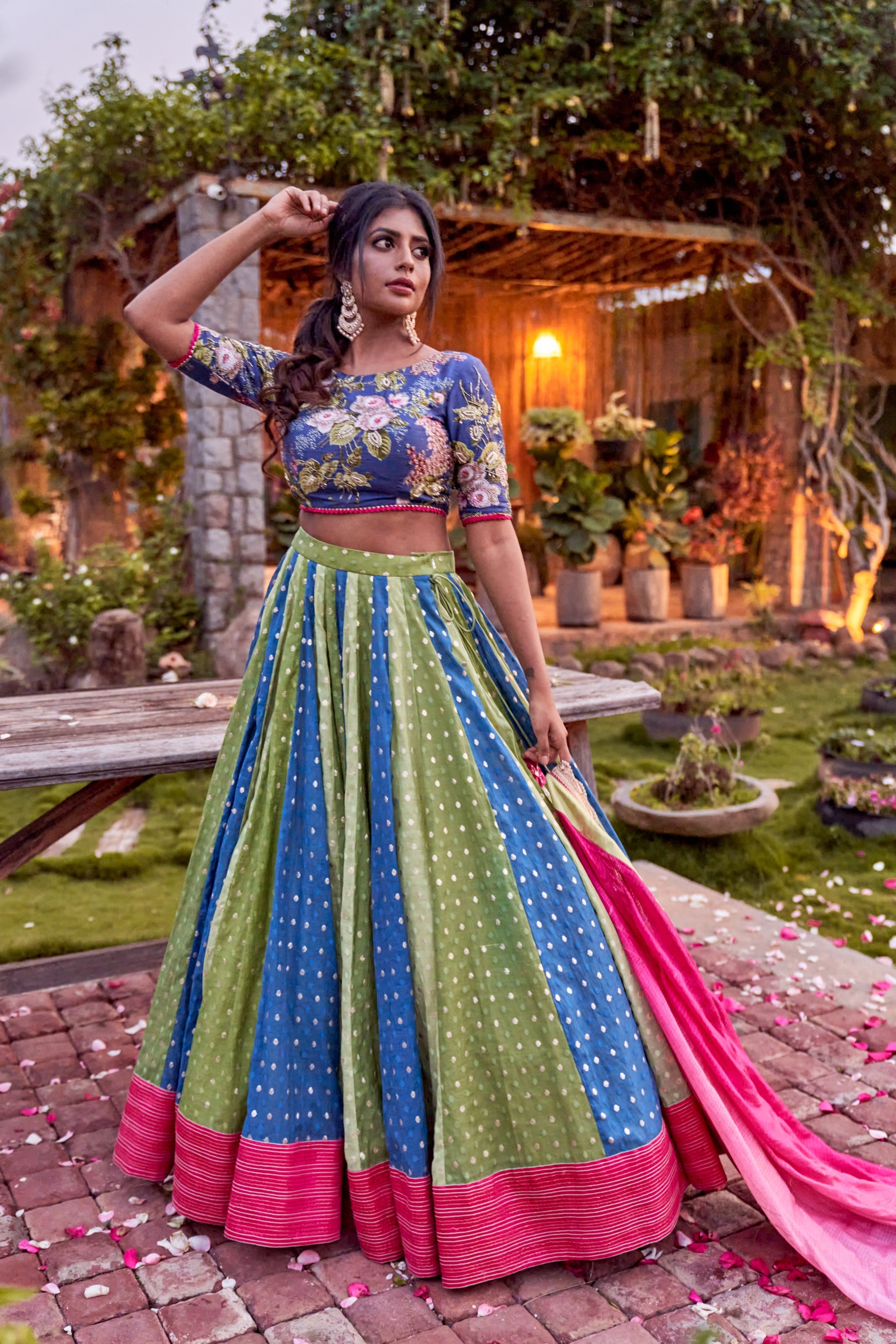 GREEN EMBELLISHED PRINTED LEHENGA SET