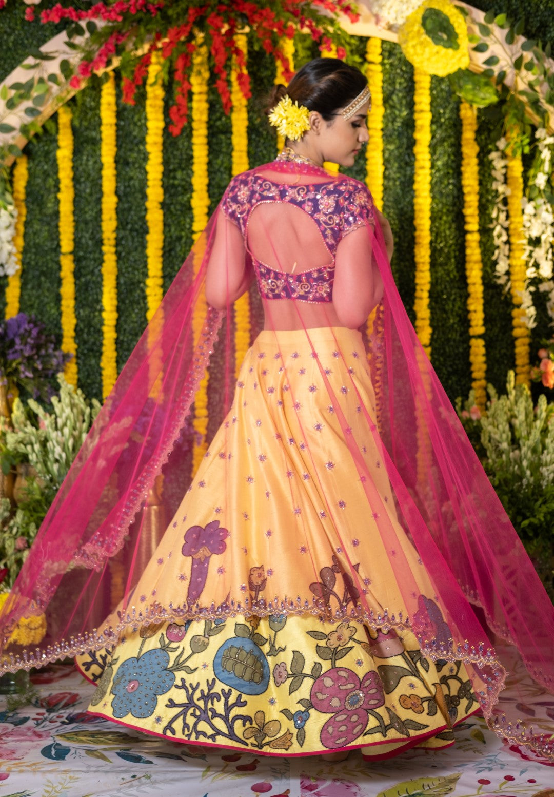 Navy Blue And Hot Pink Lehenga Adorn In Zardosi Embroidery Work.