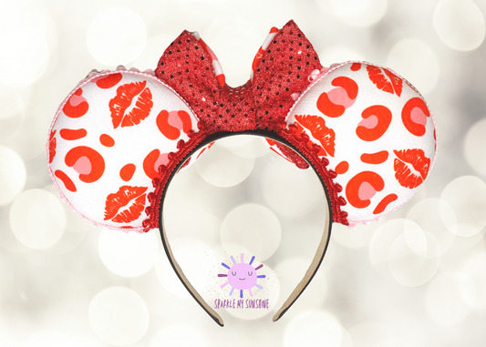 Disney Minnie Mickey Ears Love Red Sequin White Heart Valentine's Day  Headband