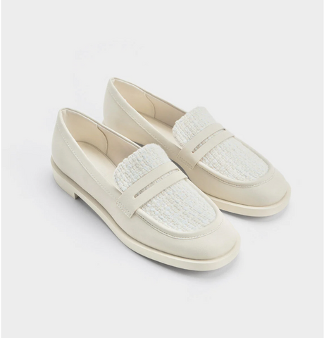 Charles & Keith - Gretel Tweed Penny Loafers - Chalk