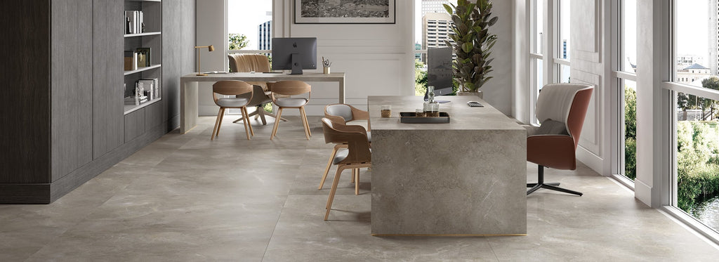 Natural stone large format tiles in a modern home office