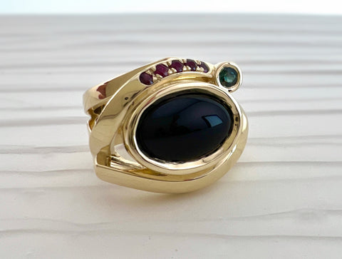 custom heirloom redesign black onyx and sapphire ring by Stradley & Daughter