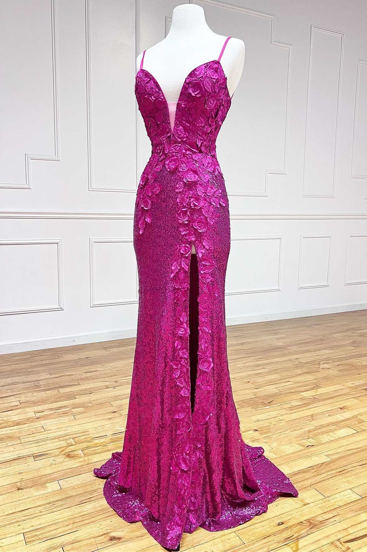 Magenta Sequin 3D Floral Lace Backless Mermaid Long Prom Dress with Sl ...