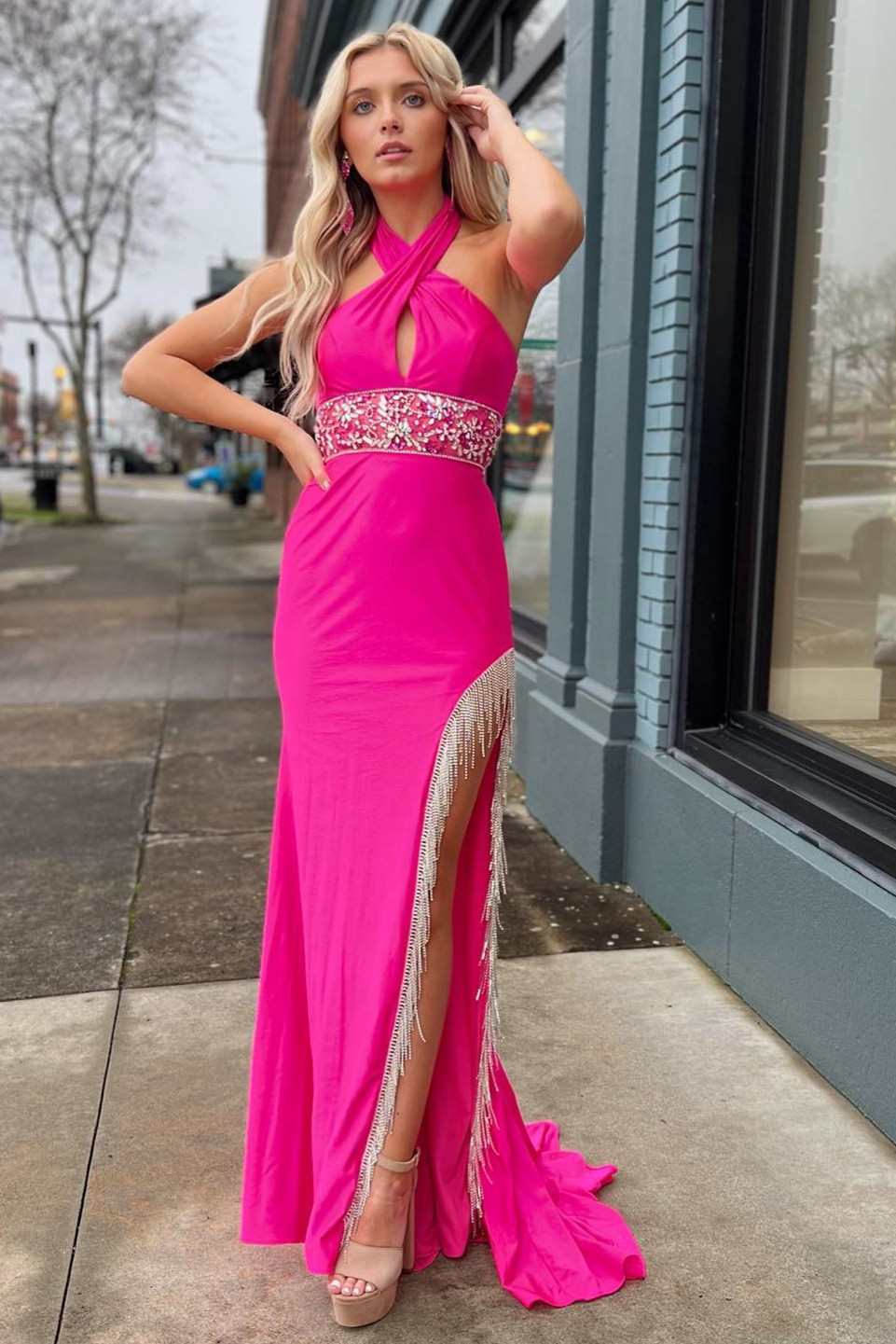 Cross-Front Beaded Fringe Long Prom Dress with Slit – Shedestiny