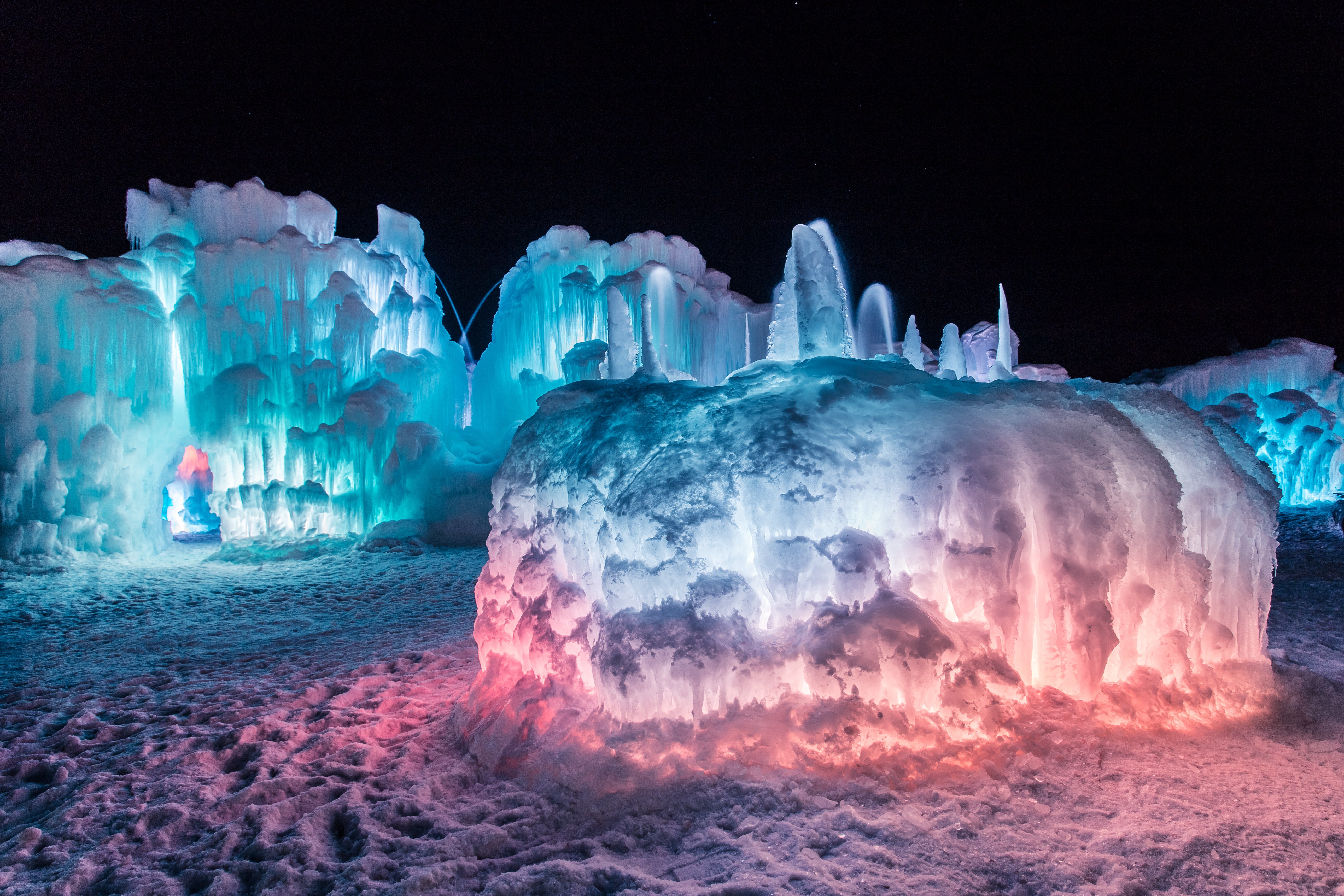 Glowing ice creations in snow