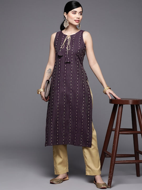 Women Woven Design Cotton Blend Ethereal Embroidery Kurta Set–