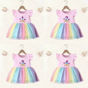 Toddler Girls Gold Letter Print Birthday Rainbow Dress - peggyskiddycorral