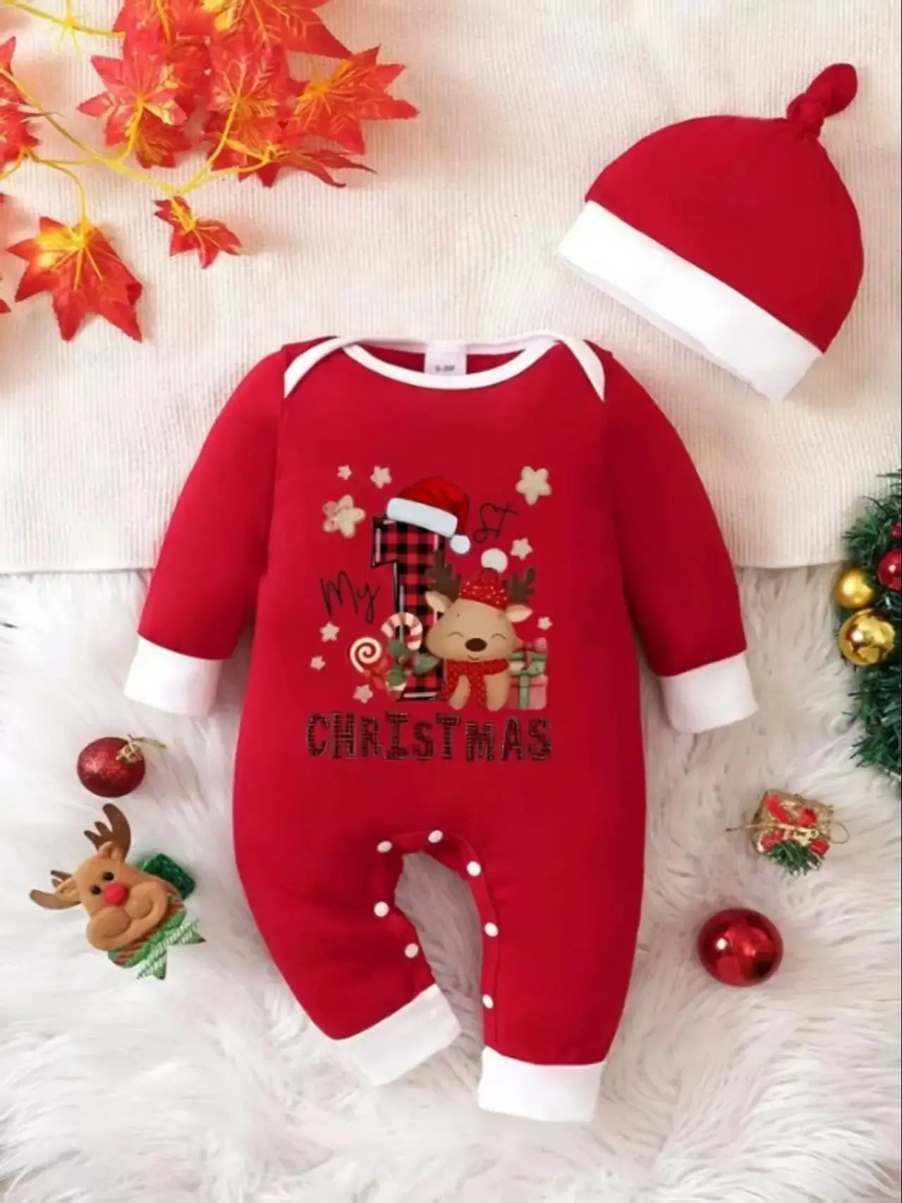 Newborn-Infant MY FIRST CHRISTMAS Romper With Hat