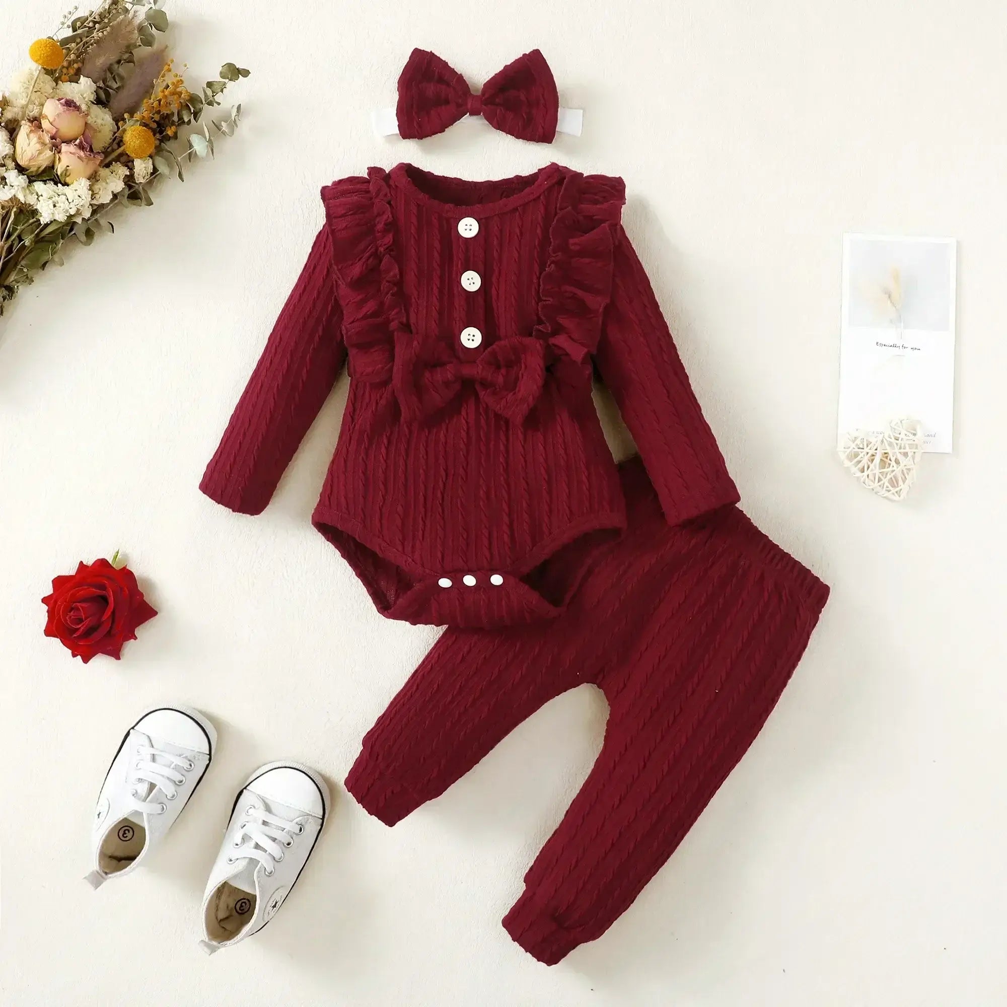 Newborn Girls Long Sleeve Romper With Long Pants-3PC Set
