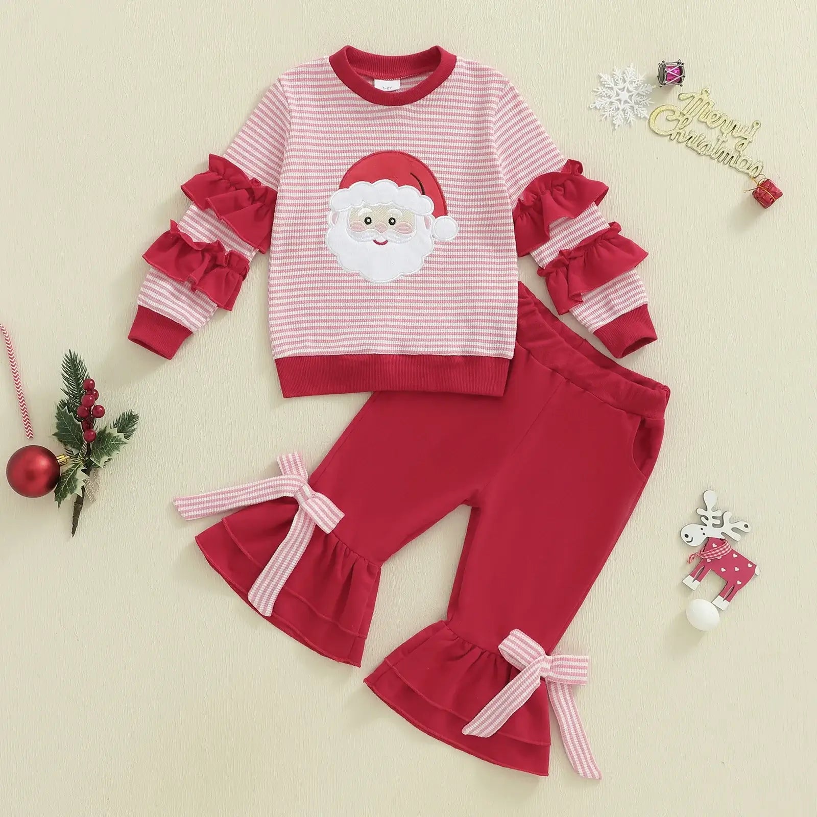 Toddler Girls Christmas Ruffle Top-Bow Pants-Headband