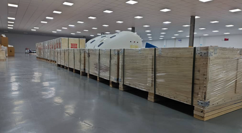 Packed Hyperbaric chambers in crates at a warehouse