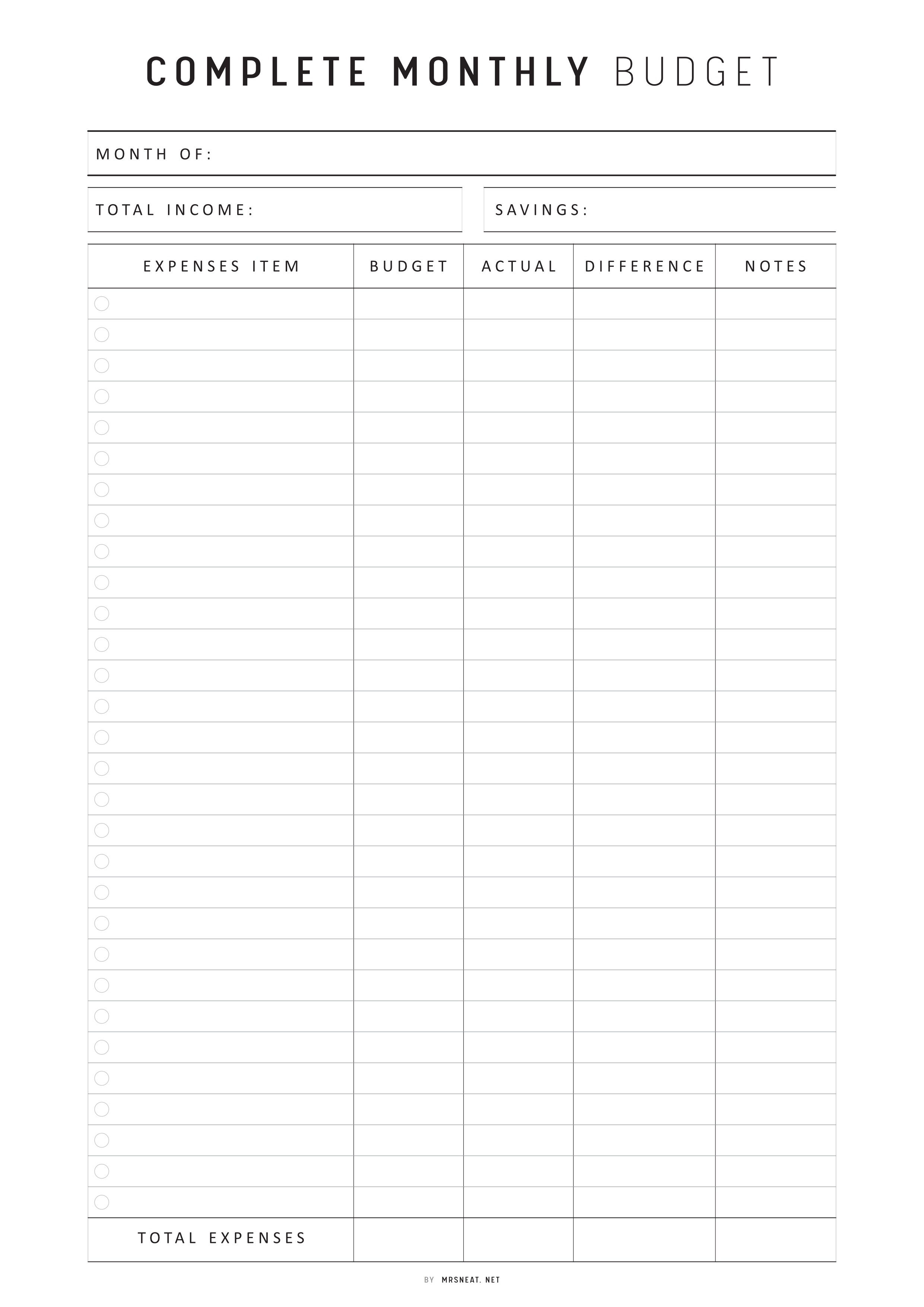 Complete Budget Template Printable