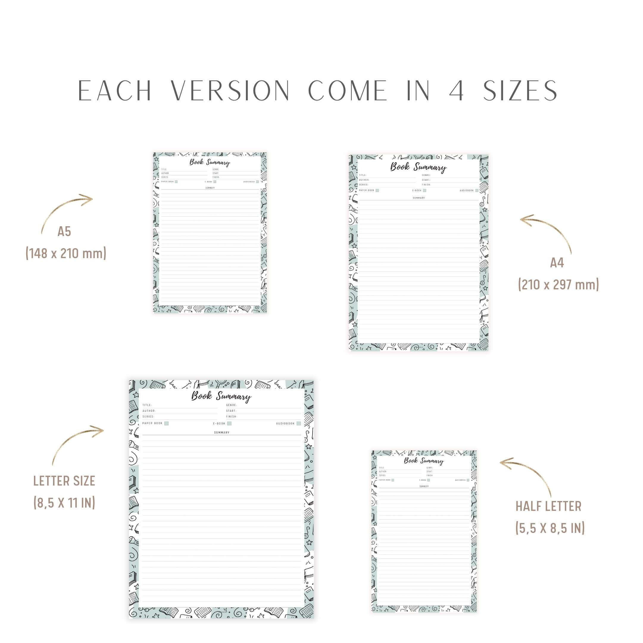 Book Summary Template Printable, 2 versions, 5 Colors, A4, A5, Letter, Half Letter, Digital Planner
