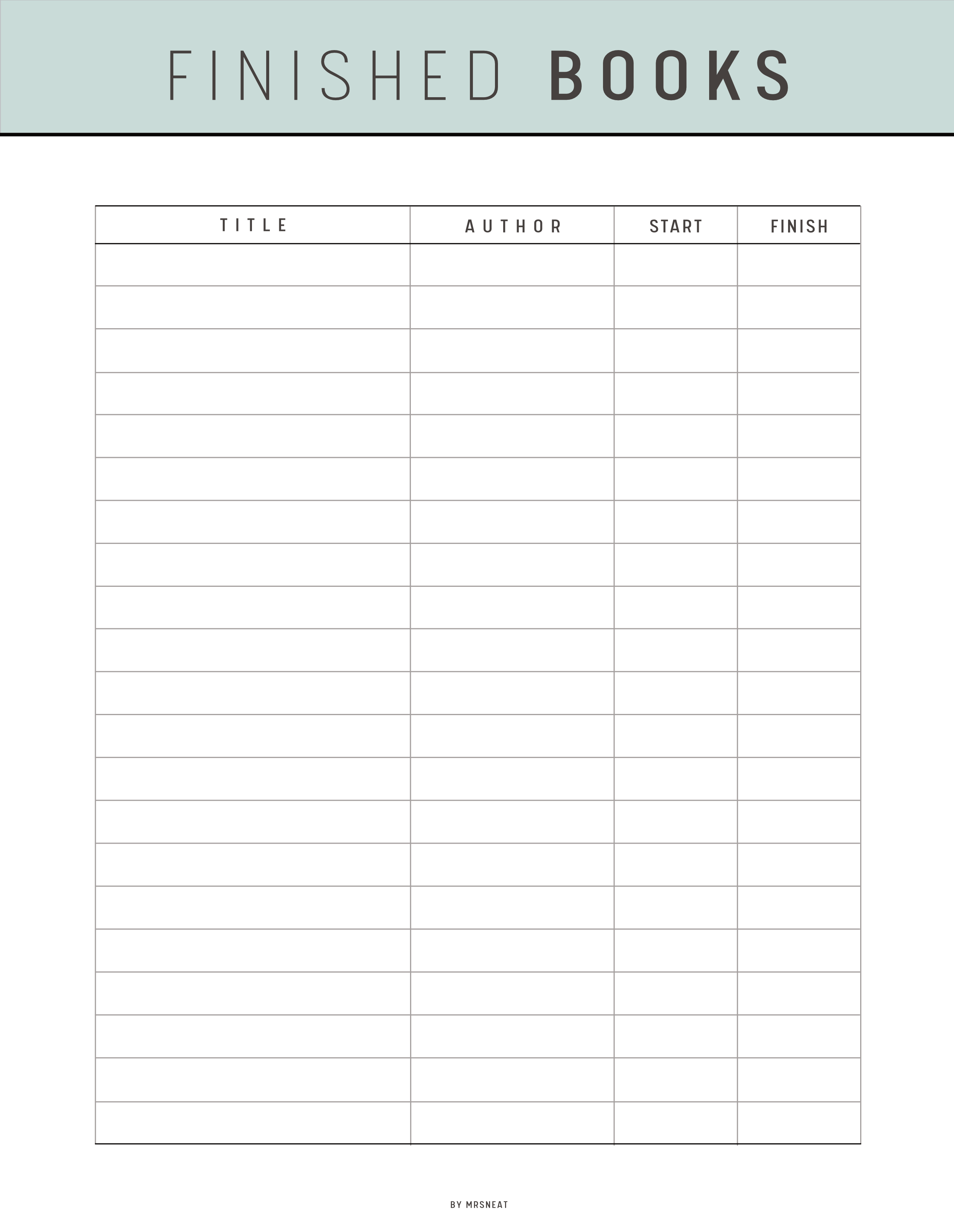 Finished Book Template Printable
