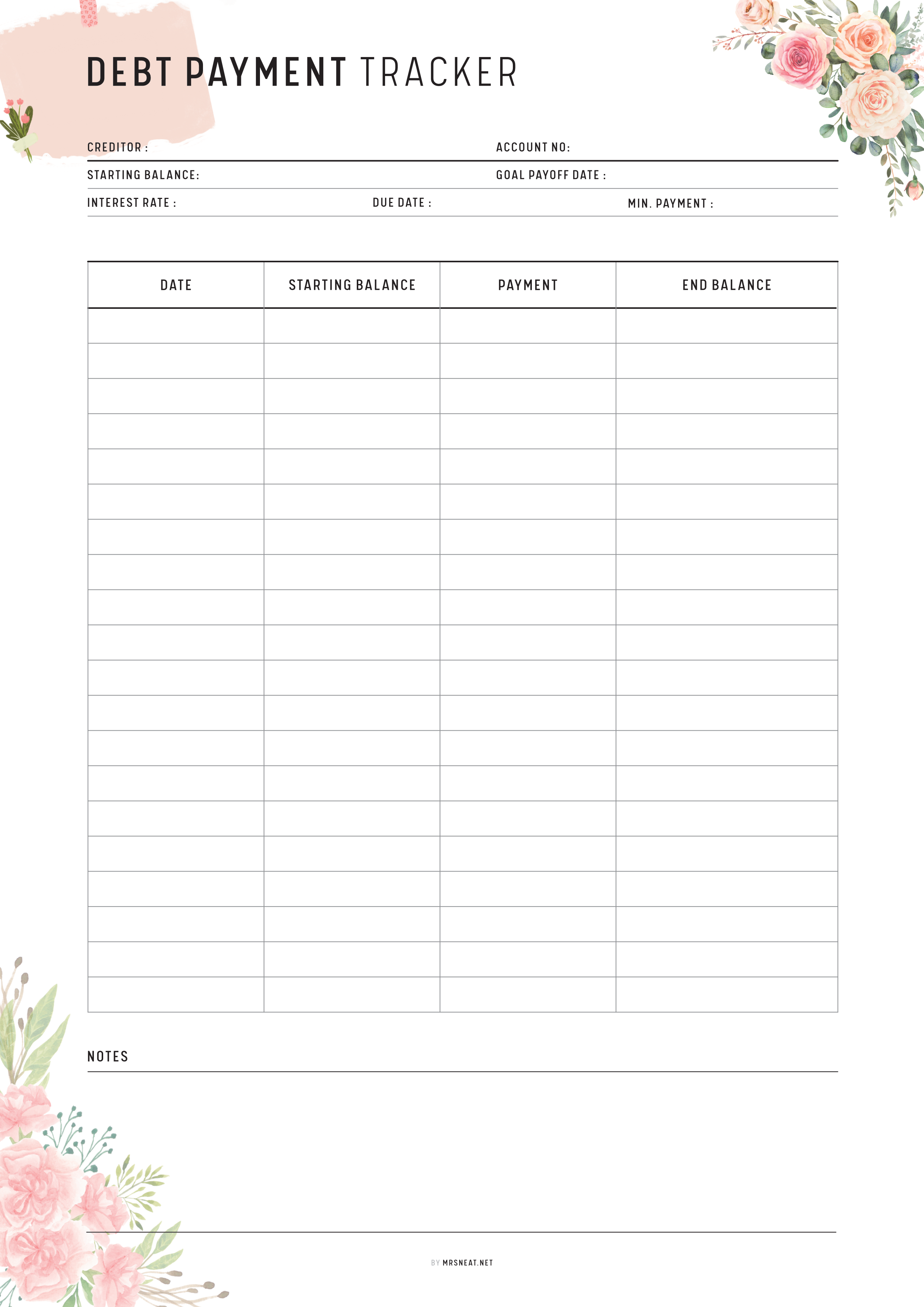 Floral Debt Payment Tracker Template - 2 Pages