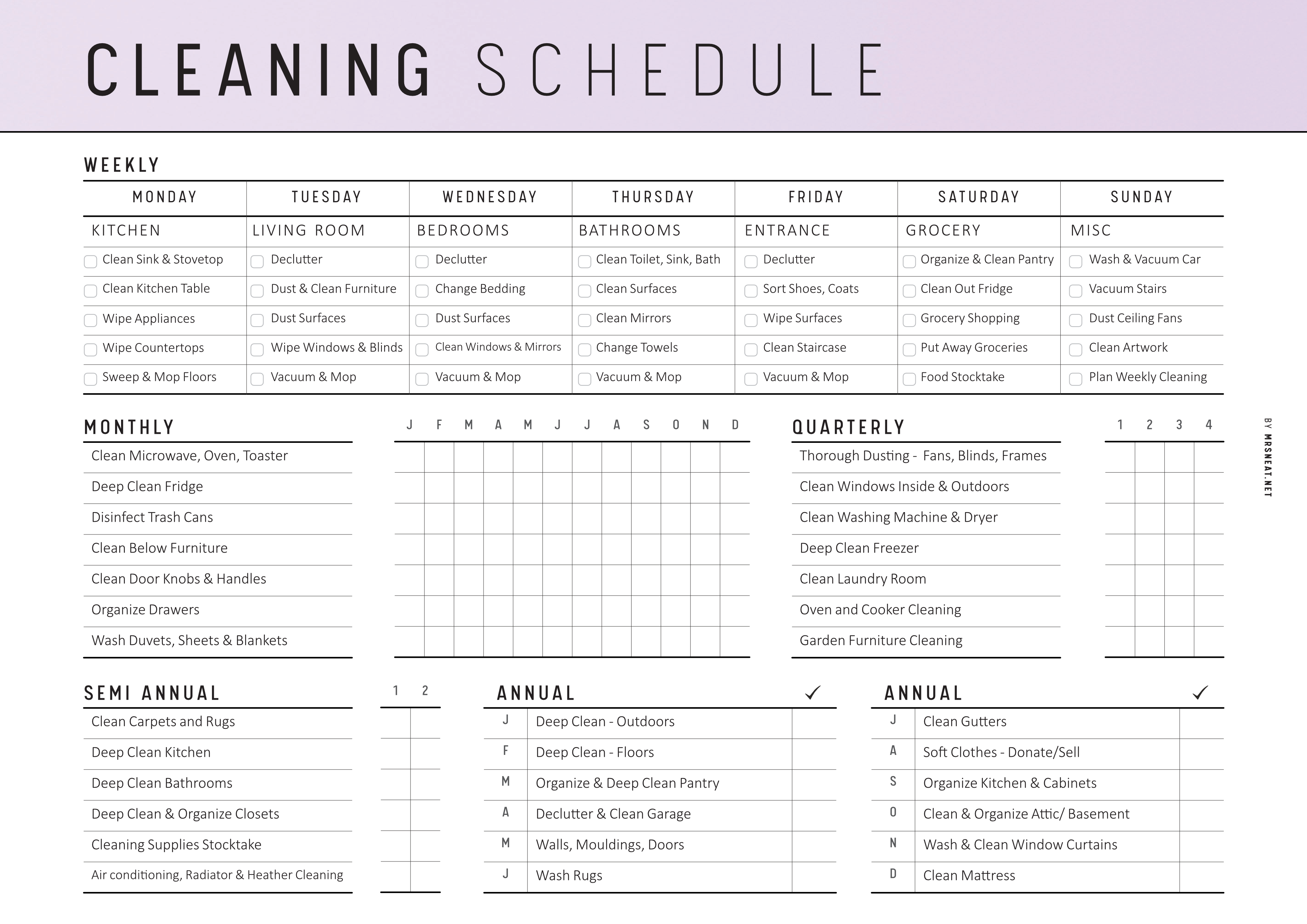 Cleaning Schedule Landscape Template - 2 Versions