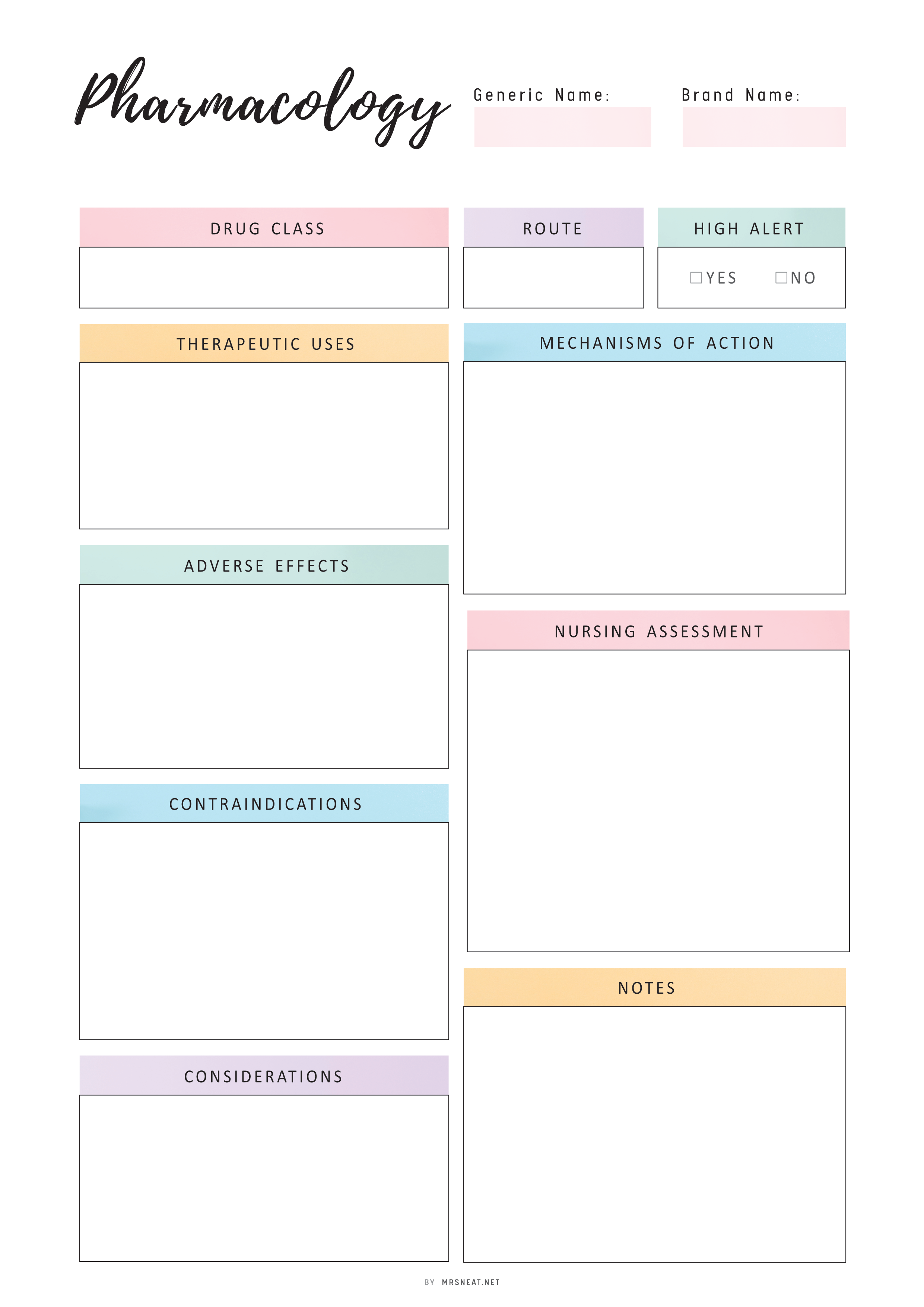 Pharmacology Notes Template Printable