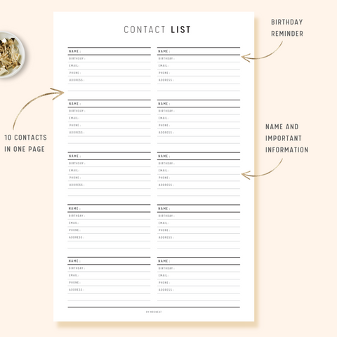 Contact List Printable Planner
