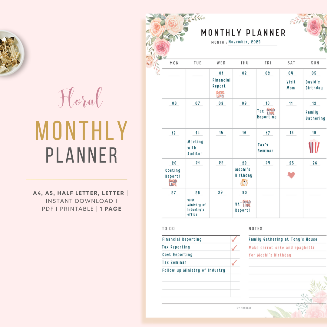 Rose Gold Floral Monthly Planner Printable in multiple sizes – mrsneat