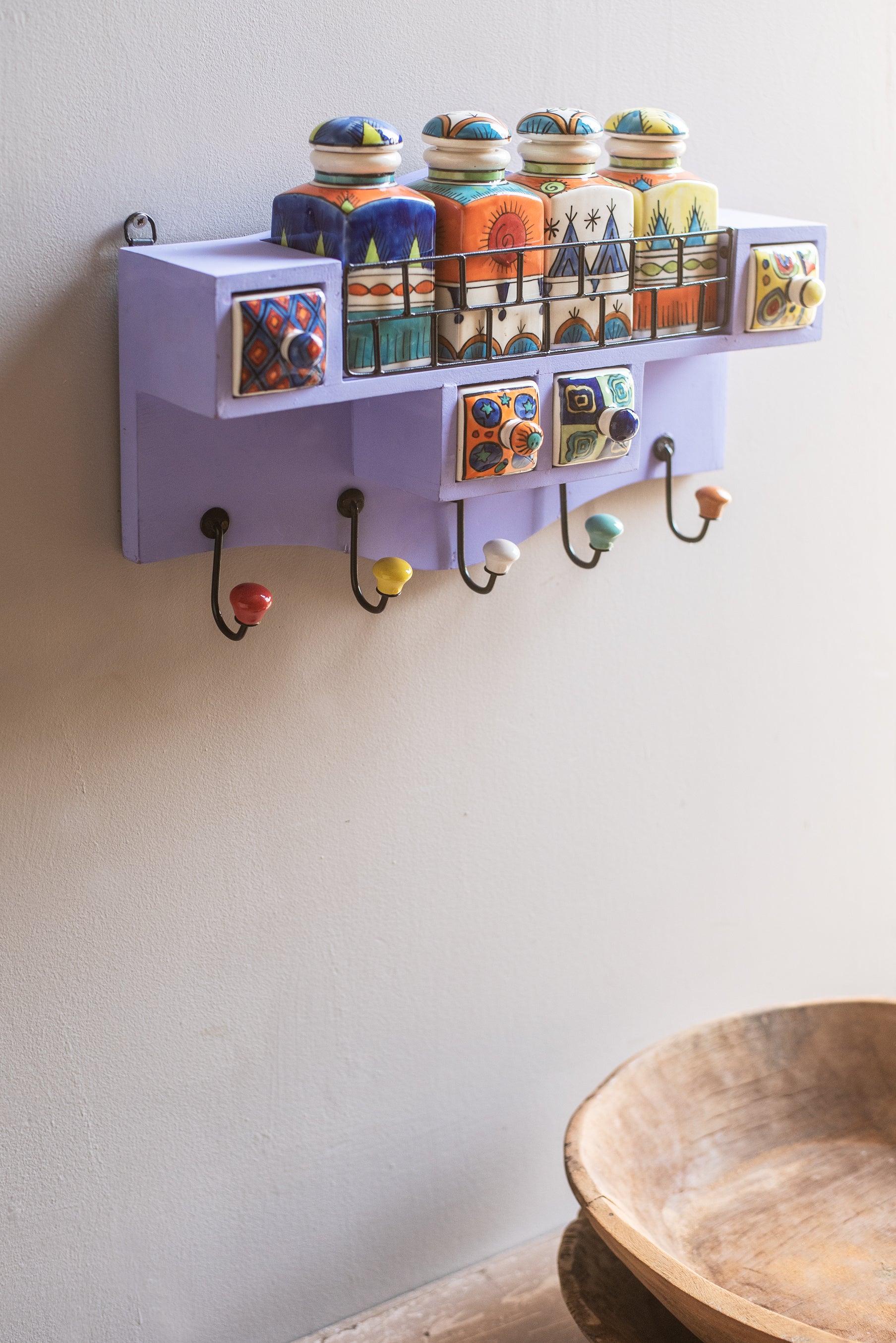 Purple Wooden Spice Rack With Jars Drawers And Hooks Ian Snow Ltd