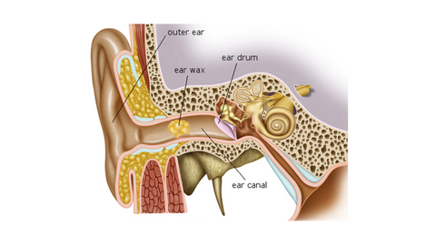 Illustration depicting a person with a clogged ear, symbolized by a blockage in the ear canal. The image conveys the feeling of muffled hearing and discomfort associated with a clogged ear.