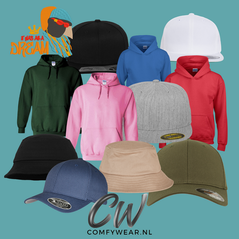 Een aantrekkelijke afbeelding toont een assortiment van trendy caps en hoodies in diverse kleuren en stijlen. De caps zijn voorzien van gebogen kleppen en verstelbare bandjes, terwijl de hoodies zowel volwassen- als kindermaten omvatten. Van casual tot opvallend, er is een ruime keuze voor elke persoonlijke stijl.