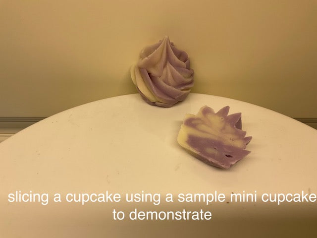 mini cupcake soap cut in half sitting on a table