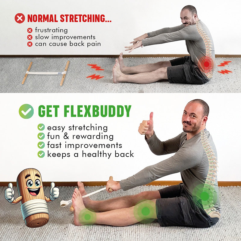 Man demonstrating normal stretching versus using FlexBuddy, illustrating ease of use and back health benefits.