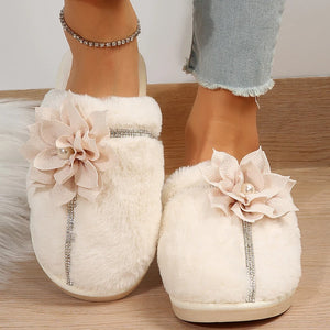 Fur Slippers with Flower and Rhinestones for Women - Slippers Galore - Fur Slippers For Women