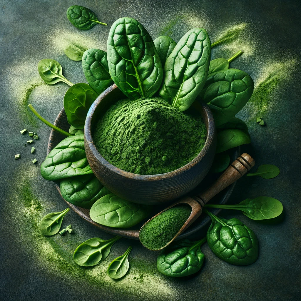 DALL·E 2024-03-07 23.55.37 - Create a powerful visual representation of Organic Spinach Powder (Brassica oleracea acephala), focusing on its health benefits, including rich iron a.webp__PID:4eb21f30-122c-4b0e-86c2-d663f8a1acd3