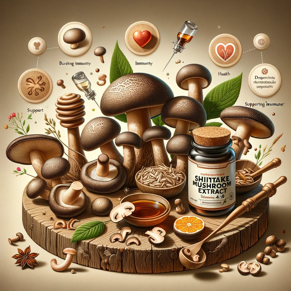 DALL·E 2024-03-08 00.20.55 - Create an image showcasing Shiitake Mushroom Extract 4_1 (Lentinula edodes), emphasizing its health benefits, including support for the immune system .webp__PID:7959135a-3965-47d7-887a-af8ae47dbb52