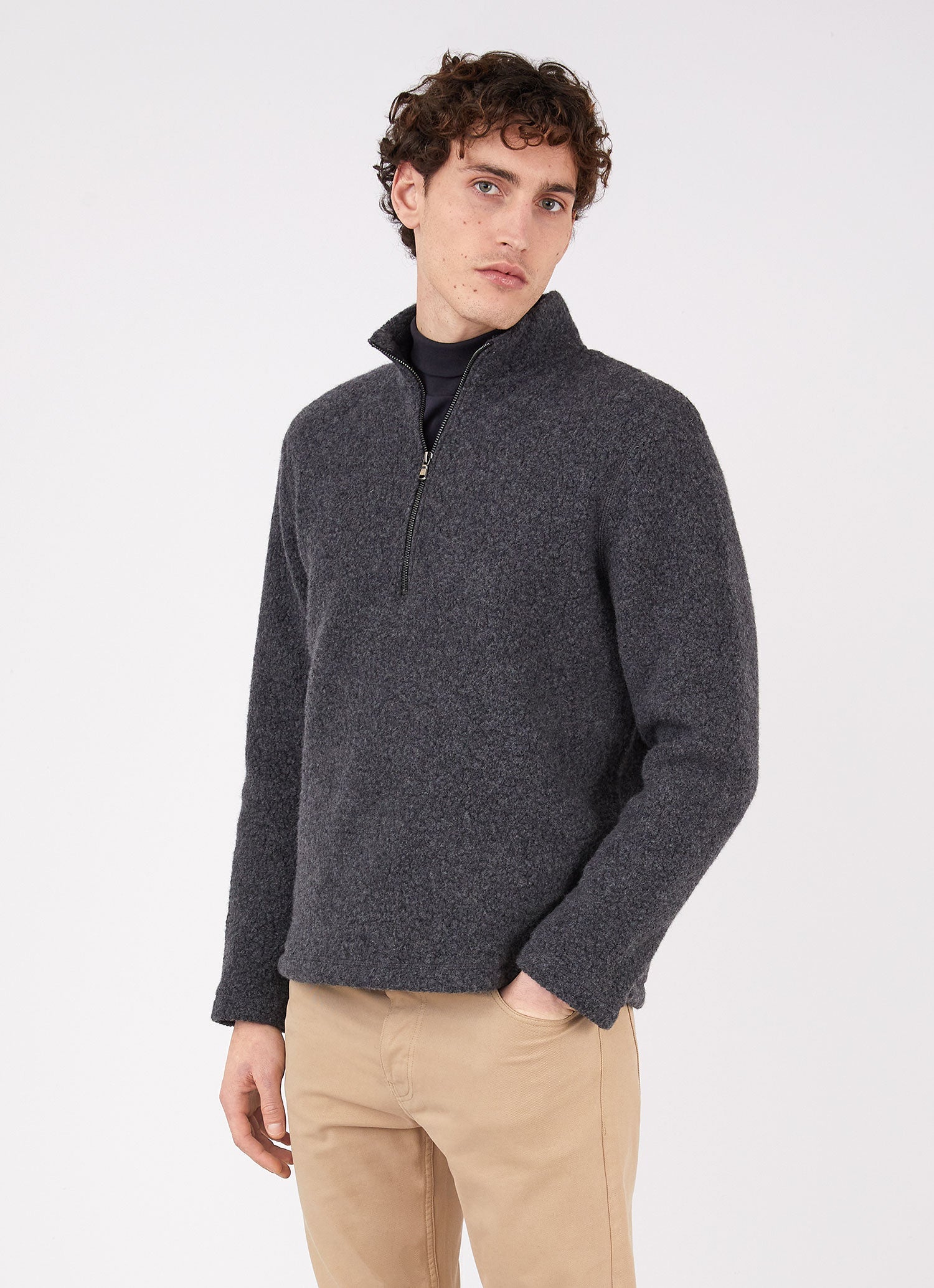 【関税込み】Sunspel ネイビー ハーフジップセーター ウール フリース ジップネック (Navy)| Sunspel