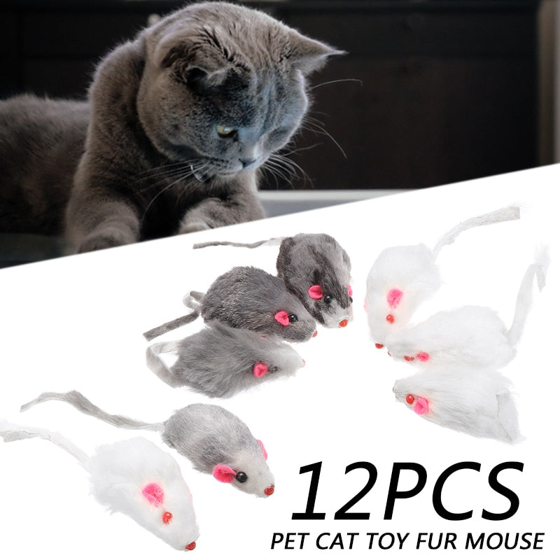 12 PCS Fur Mice Toy Mouse Mixed Loaded Toy for Pet Rat Cat Playing Squeaky Sound Toys Black White