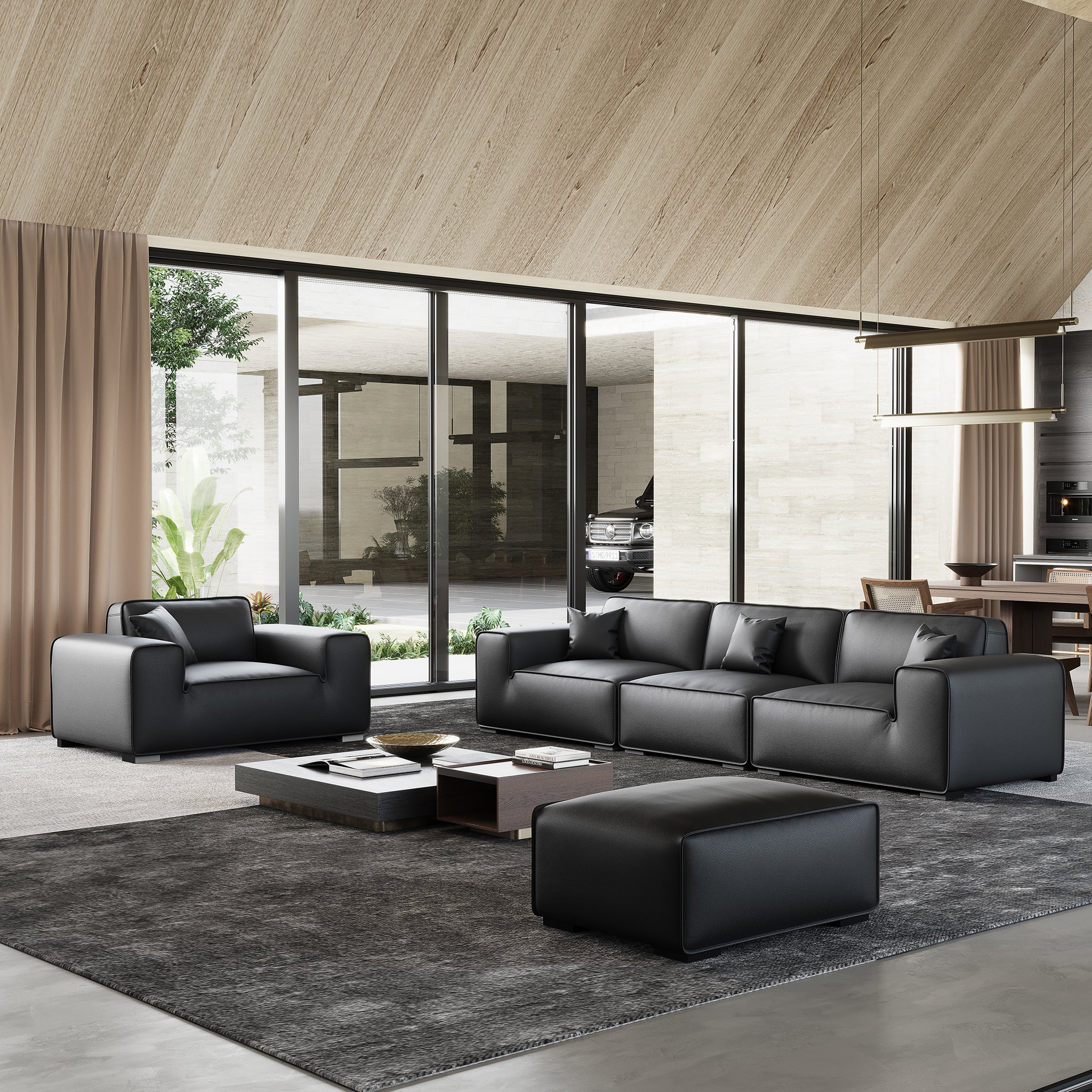 Domus Modular Black Leather Sofa Set