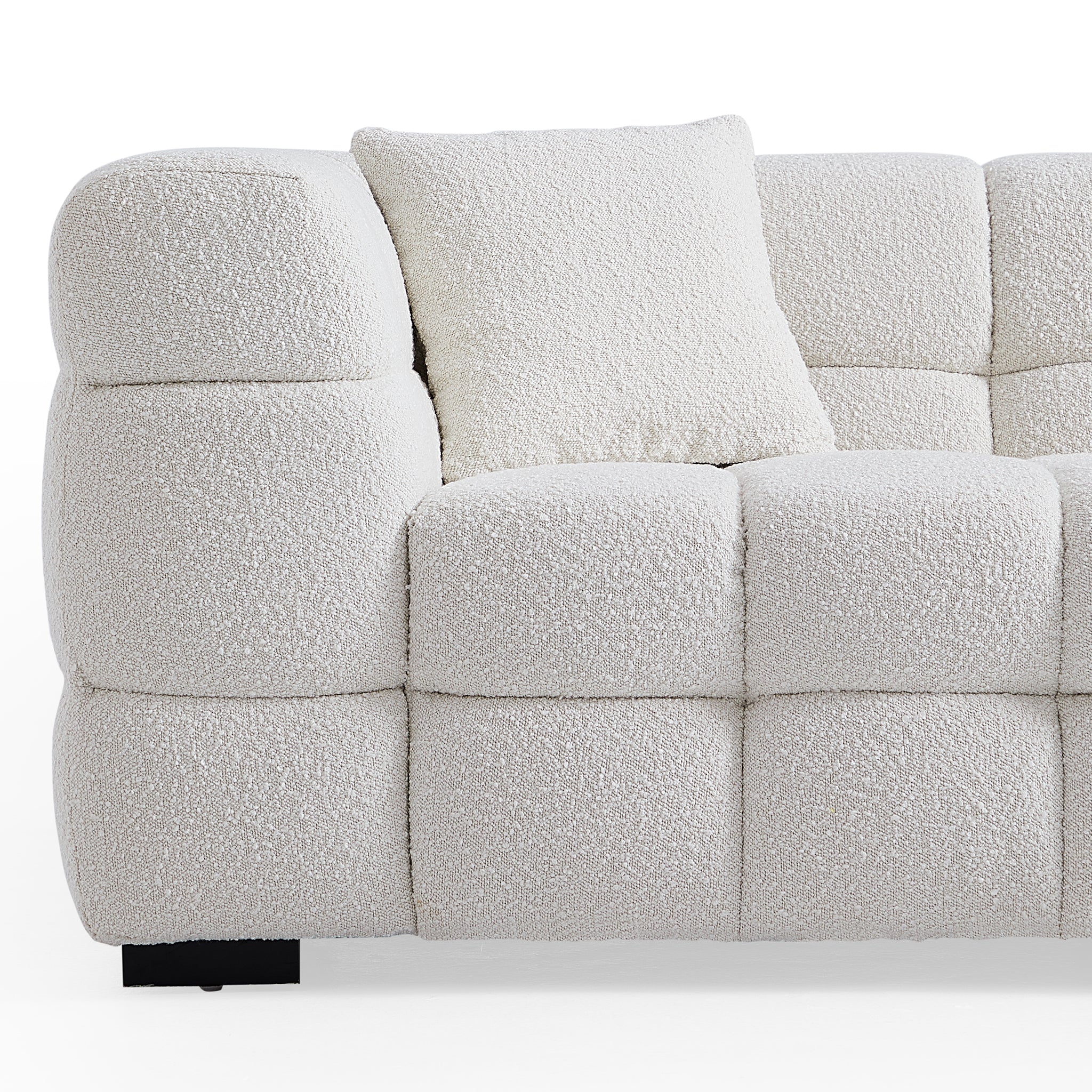 Cushy Cream Boucle Fabric Tufted Sofa With Ottoman