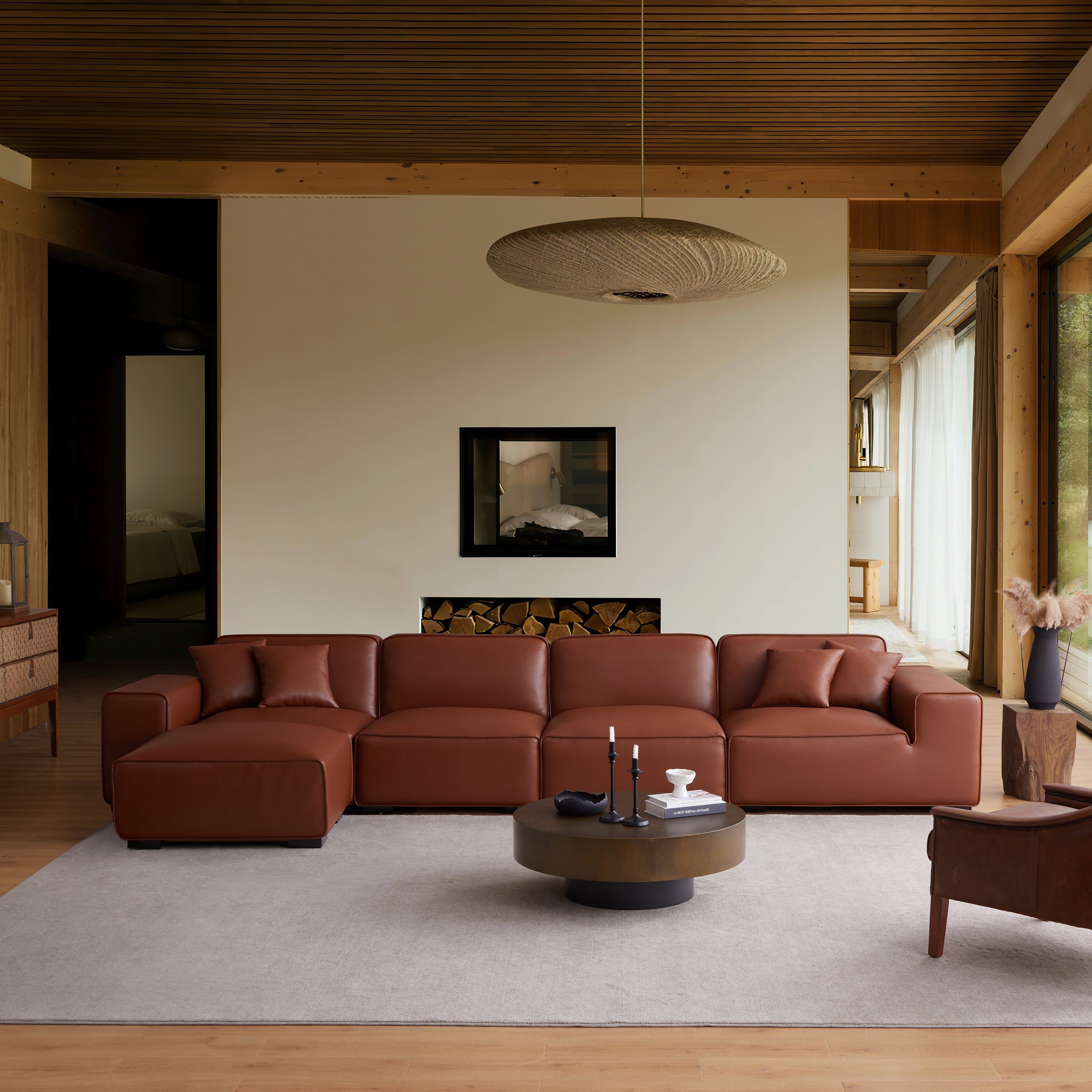 Domus Modular Brown Leather Sofa and Ottoman