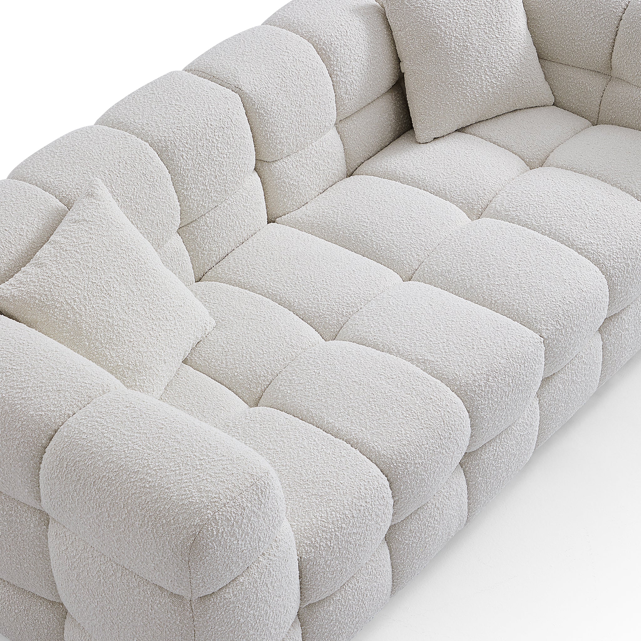 Cushy Cream Boucle Fabric Tufted Sofa With Ottoman