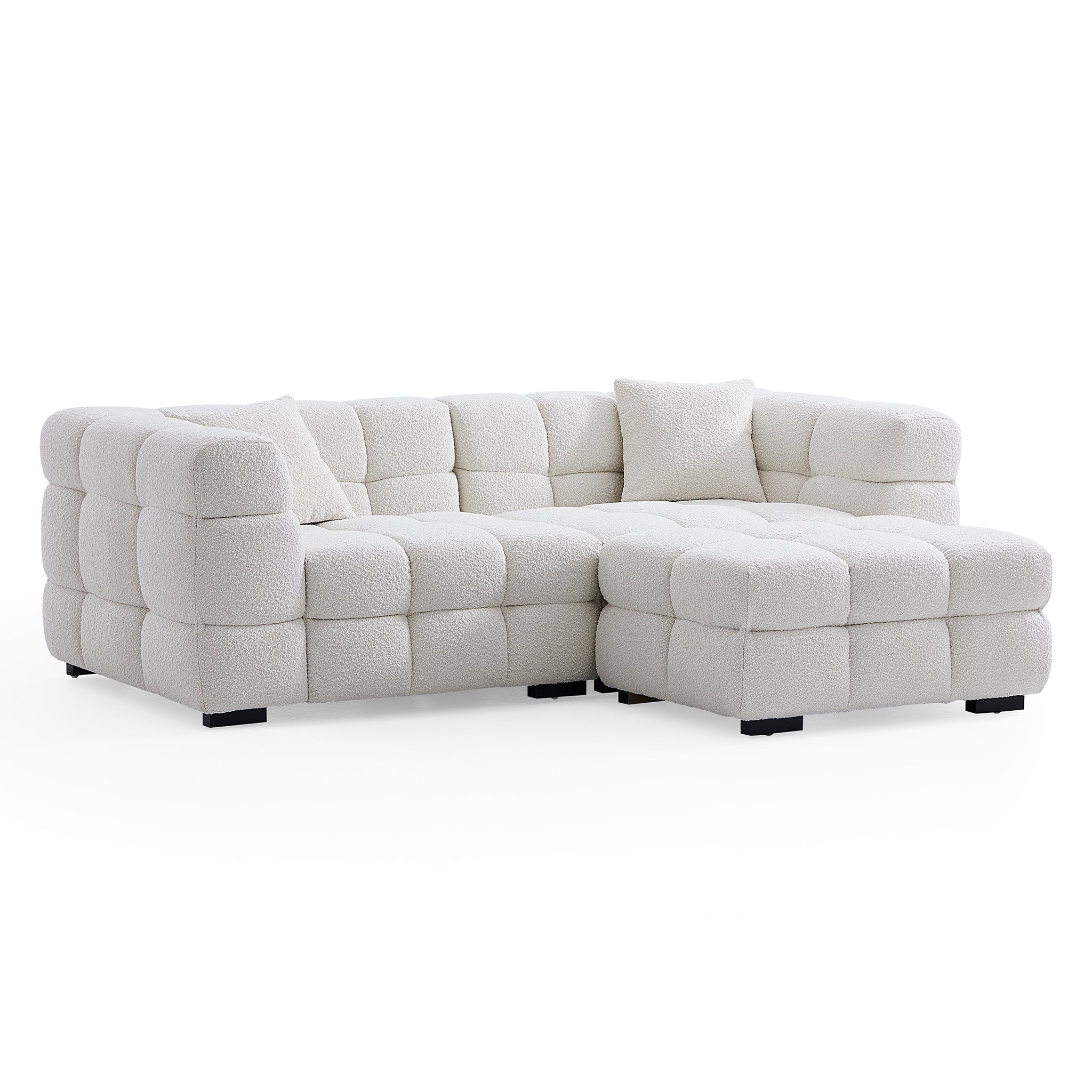 Cushy Cream Boucle Fabric Tufted Sofa With Ottoman