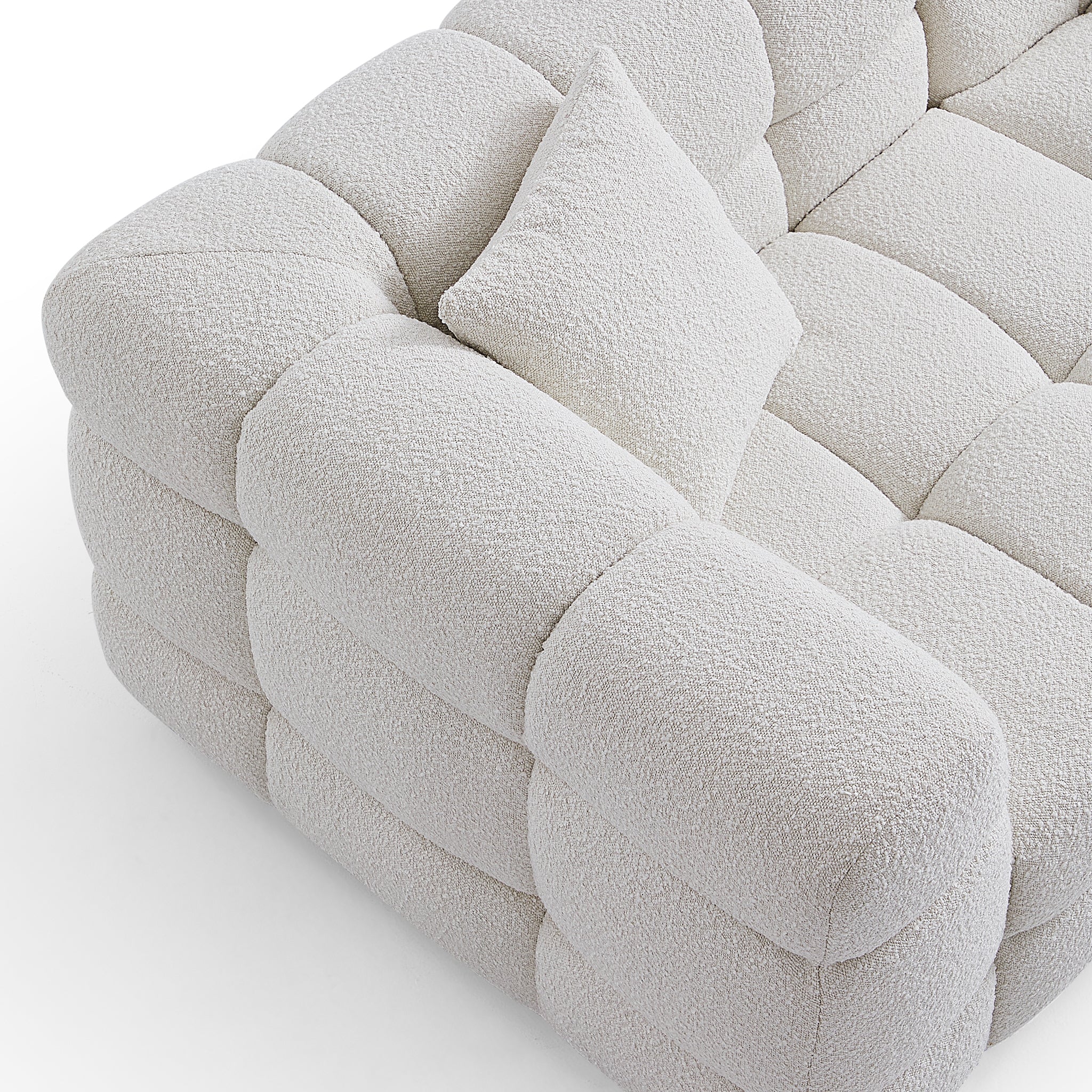 Cushy Cream Boucle Fabric Tufted Sofa With Ottoman