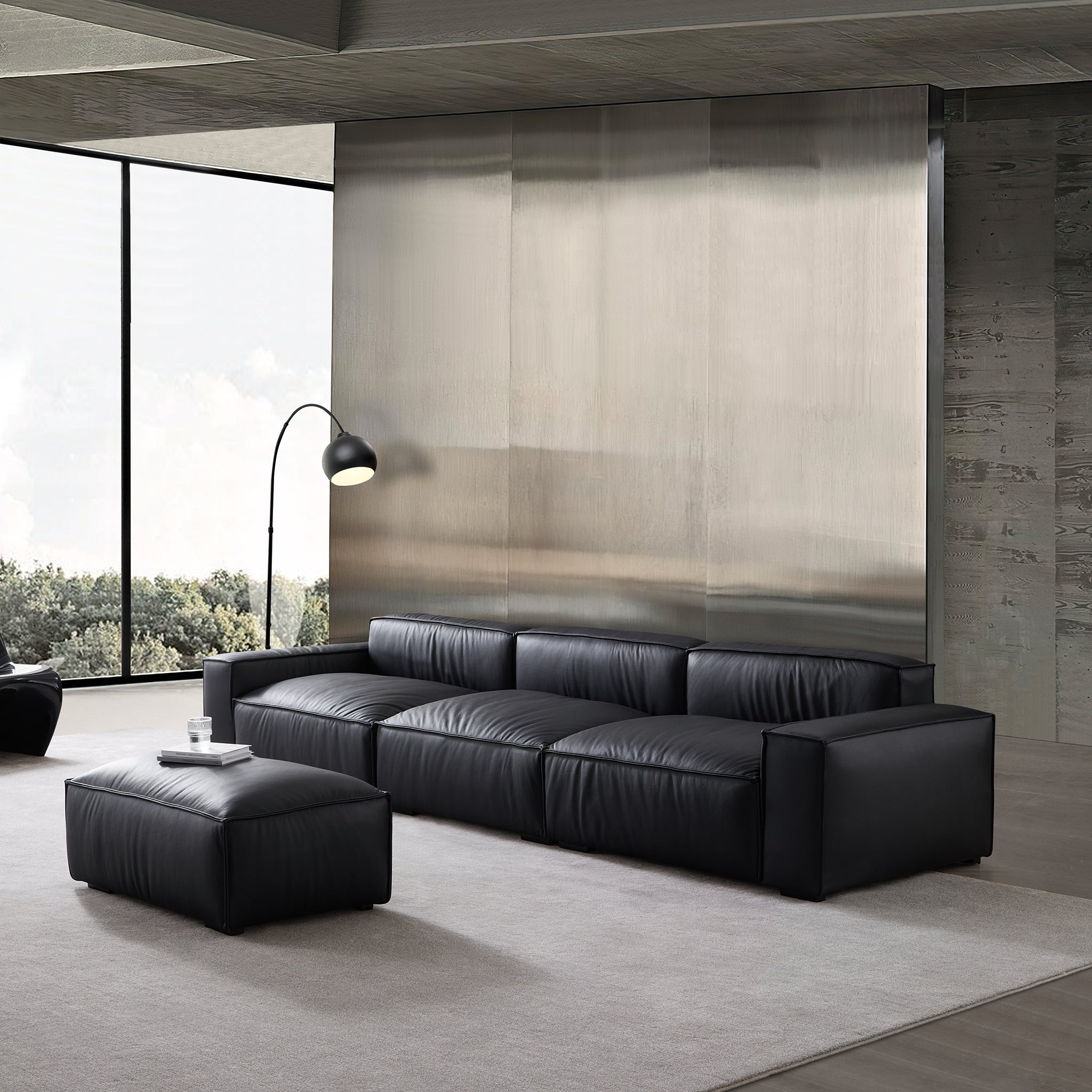 Luxury Minimalist Leather Black Sofa And Ottoman