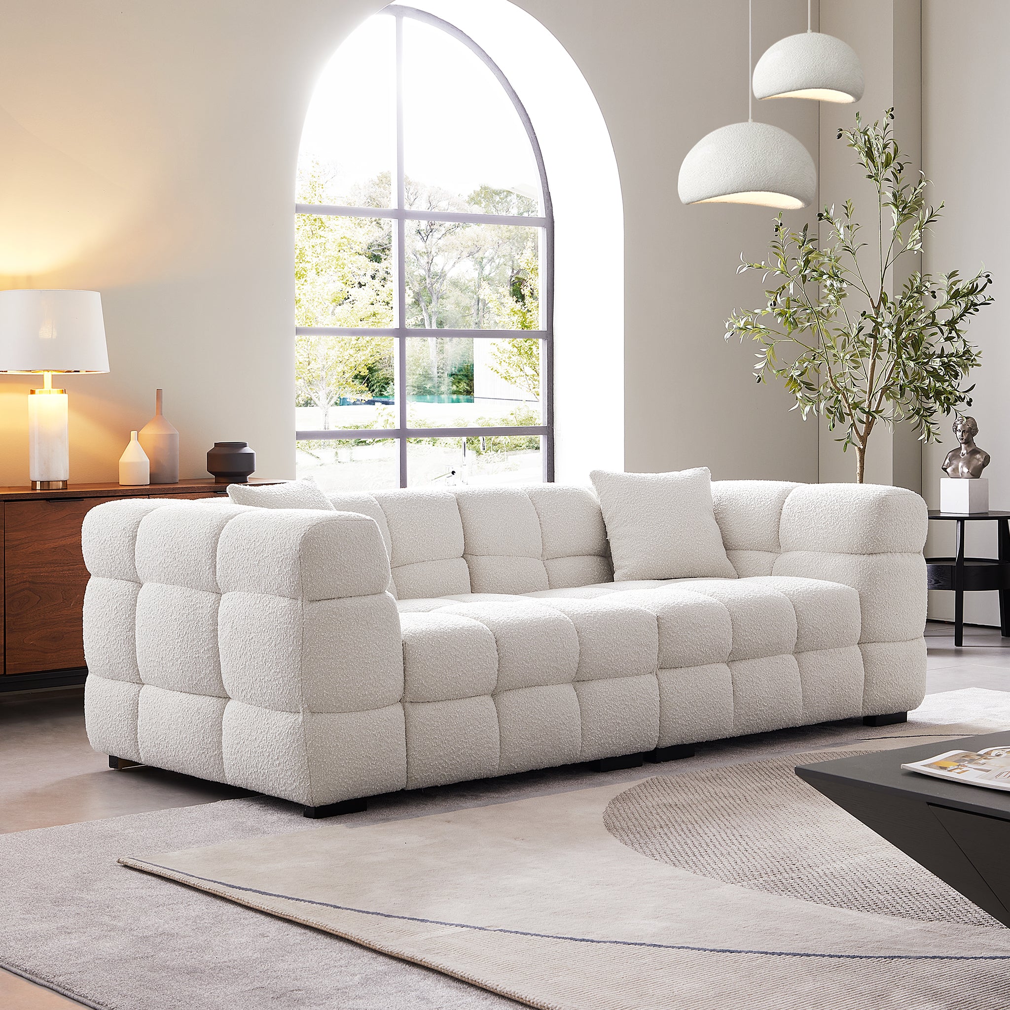 Cushy Cream Boucle Fabric Tufted Sofa