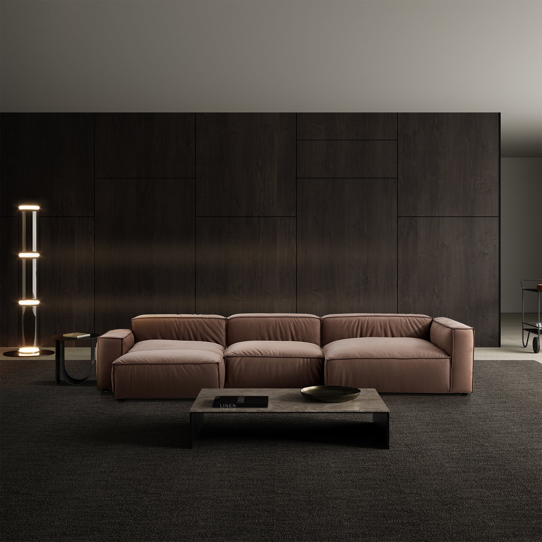 Luxury Minimalist Brown Fabric Sofa and Ottoman